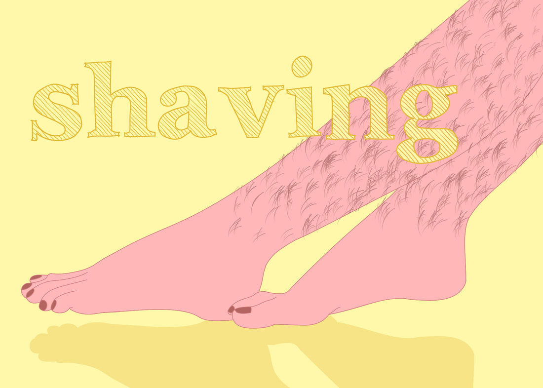 Hairy pink legs against a yellow background with the word shaving in the background