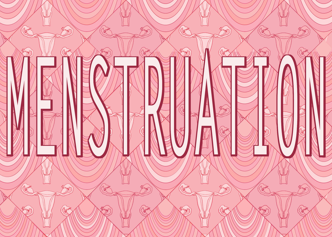 A tiled pink background with the word menstruation across it. Tiles feature wave or uterine designs